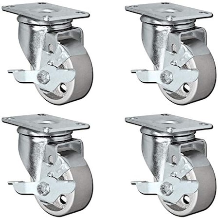 Casterhq All Steel Swivel Plate Caster Wheels W/ Brakes Locking, PK4 3ISCSO4TL
